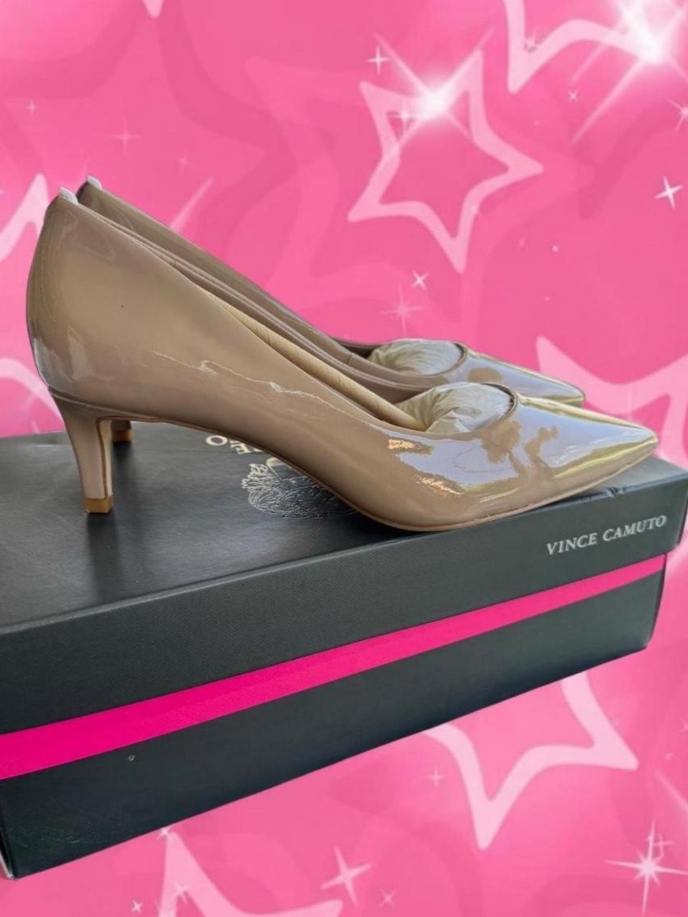 Vince Camuto Nude Patent Leather Pointed-Toe Kitten Heel Pumps